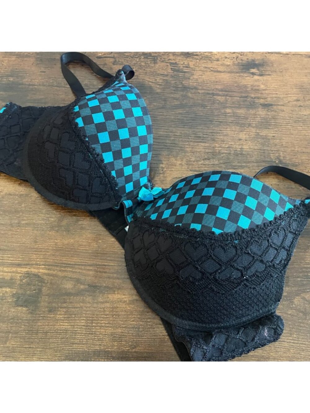 Women's Black Aqua Blue Checkered Bra Size 38D Side Lace Heart Details - Picture 6 of 6